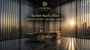 ستائر رأسية معدنية داخل مكتب حديث توفر متانة عالية وتحكمًا في الضوء