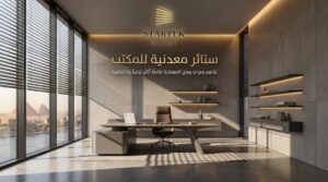 ستائر معدنية للمكتب داخل مكتب إداري حديث بتصميم أنيق وتحكم عملي في الإضاءة