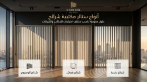 أنواع ستائر مكتبية شرائح تشمل شرائح الألومنيوم والقماش والشرائح الرأسية